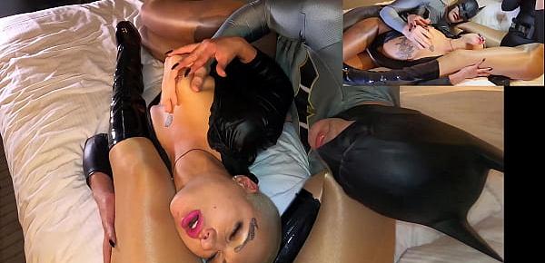 Threesome shinny Nylon tan Boots Fetish